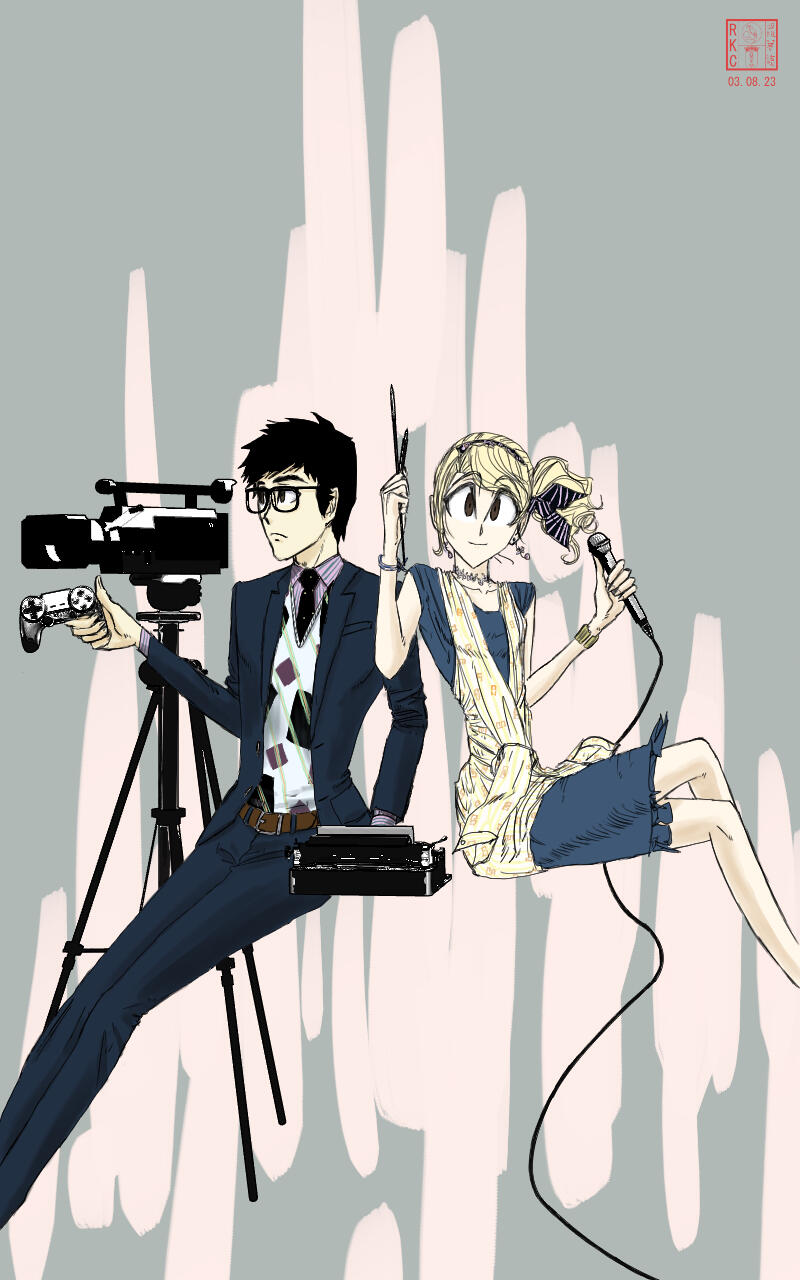 Ryota and Claurette with entertainment gear Japanese man and Caucasian American woman holding equipment for entertainment production.